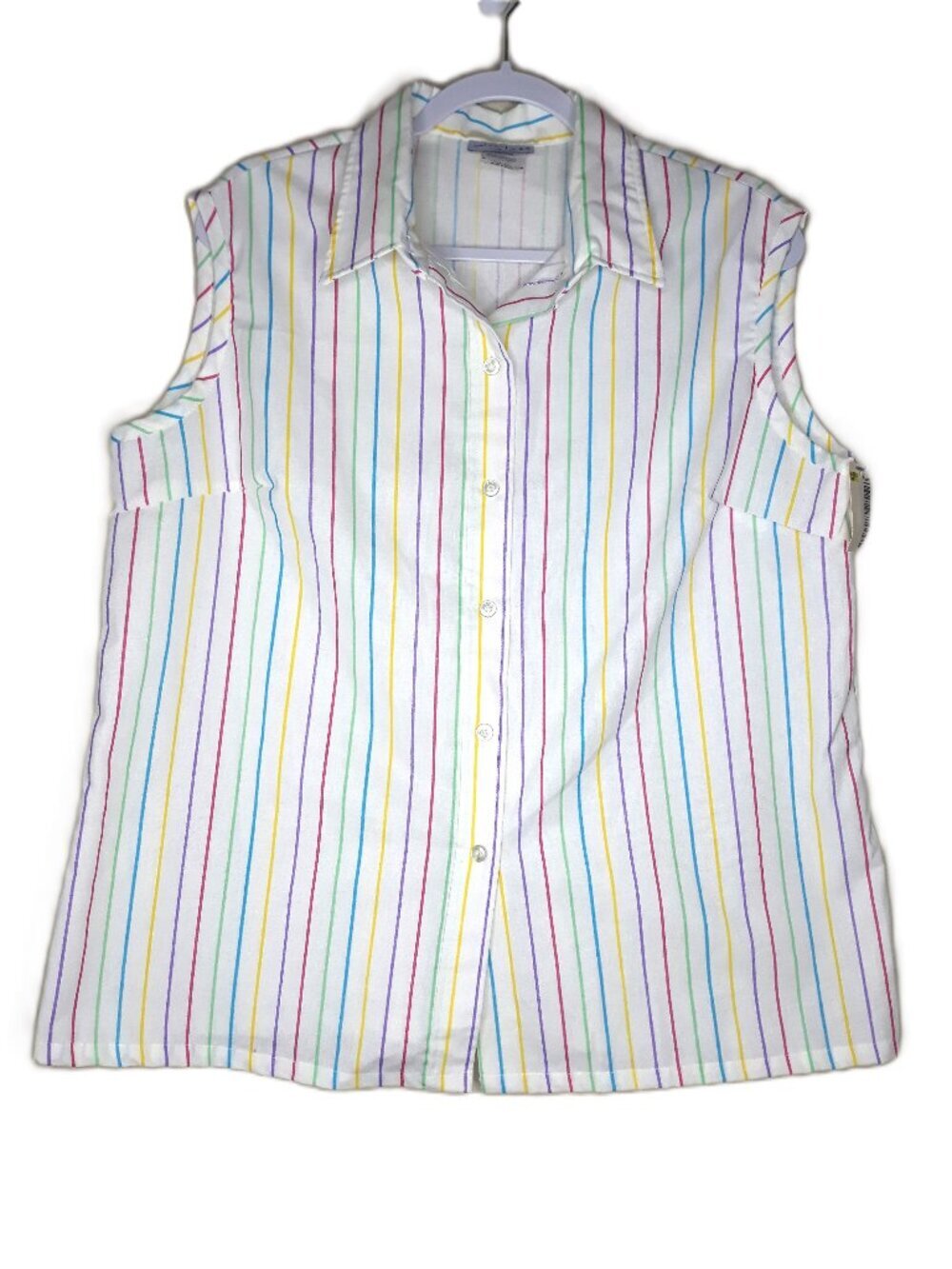 Vtg Rainbow Striped Button Front Collared Sleeveless Top 18W
